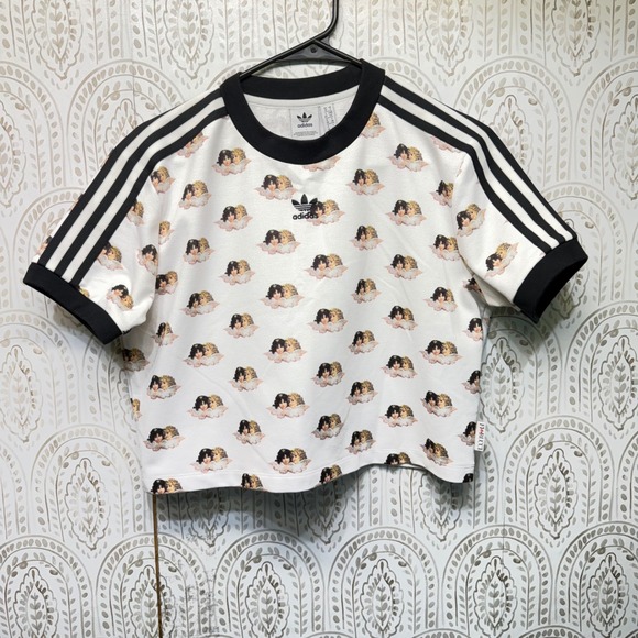adidas Tops - Rare Adidas Fiorucci Crop Top Women Small White Angel Cherub Print 3 Stripe